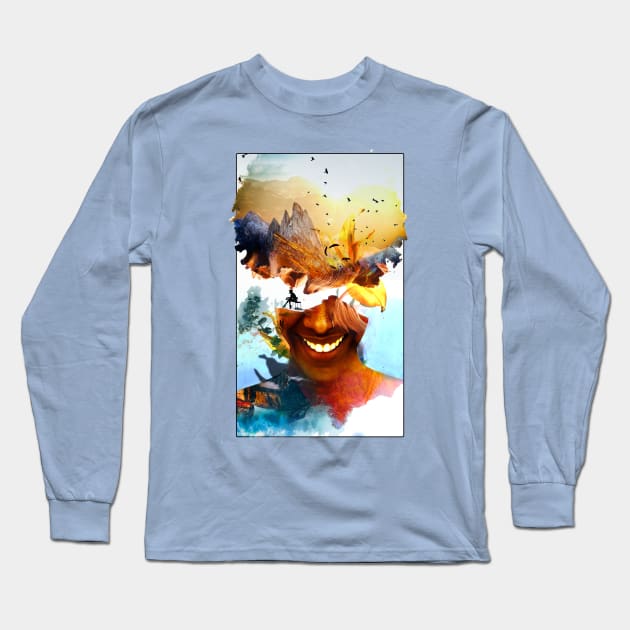 Her Mountain Smile Afro Double Exposure Nature Beautiful Long Sleeve T-Shirt by Glass Table Designs